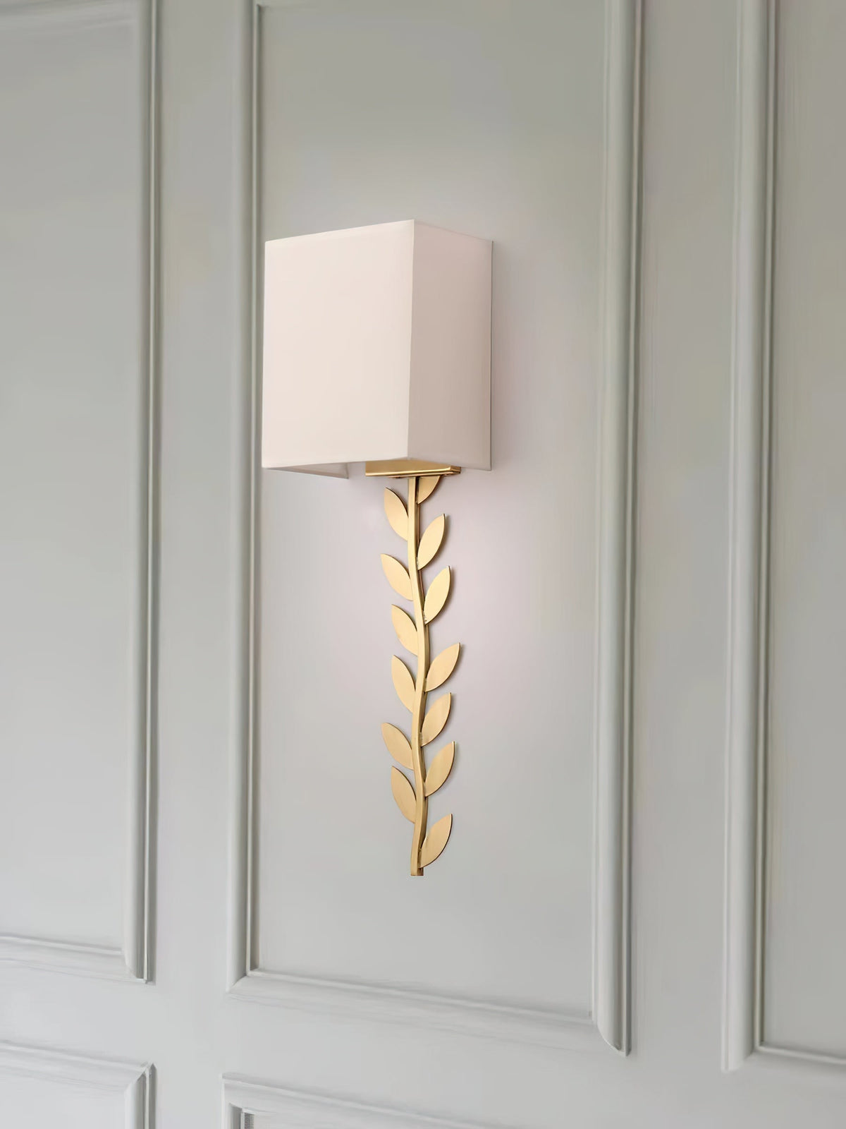 Arbor Grove Wall Lamp – Warm Brass Leaf & White Linen Wall Sconce