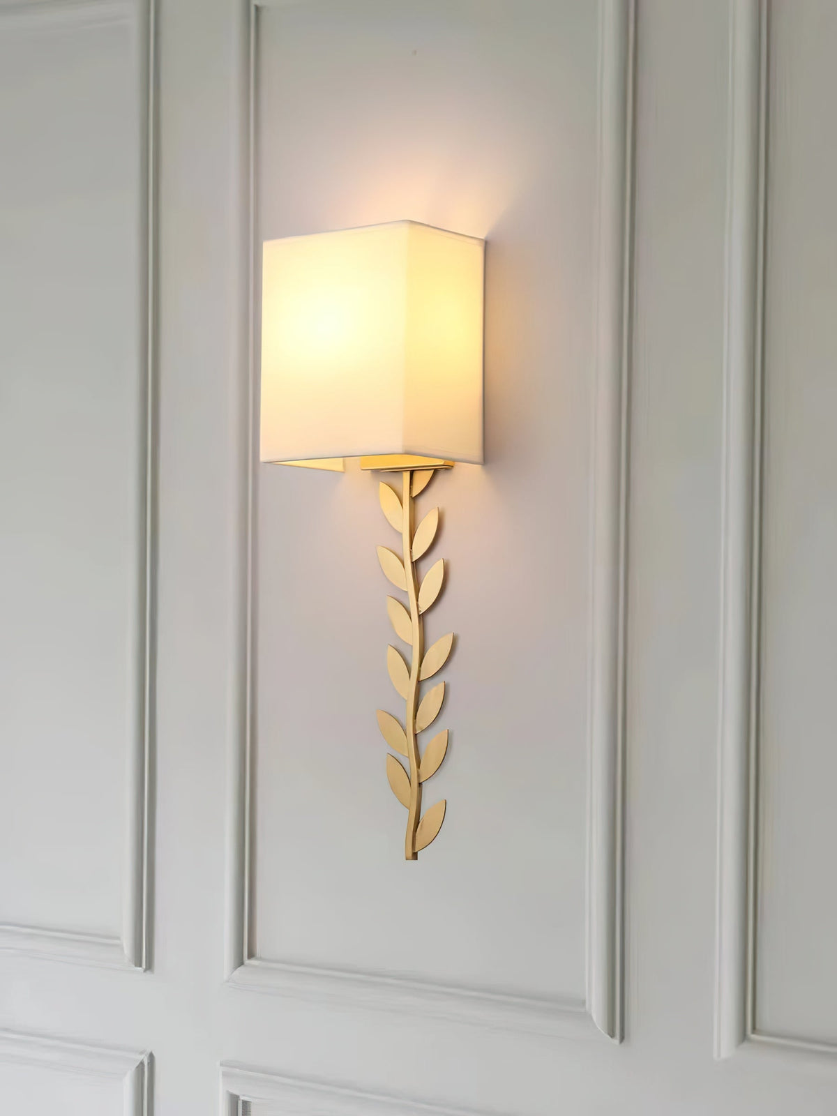 Arbor Grove Wall Lamp – Warm Brass Leaf & White Linen Wall Sconce