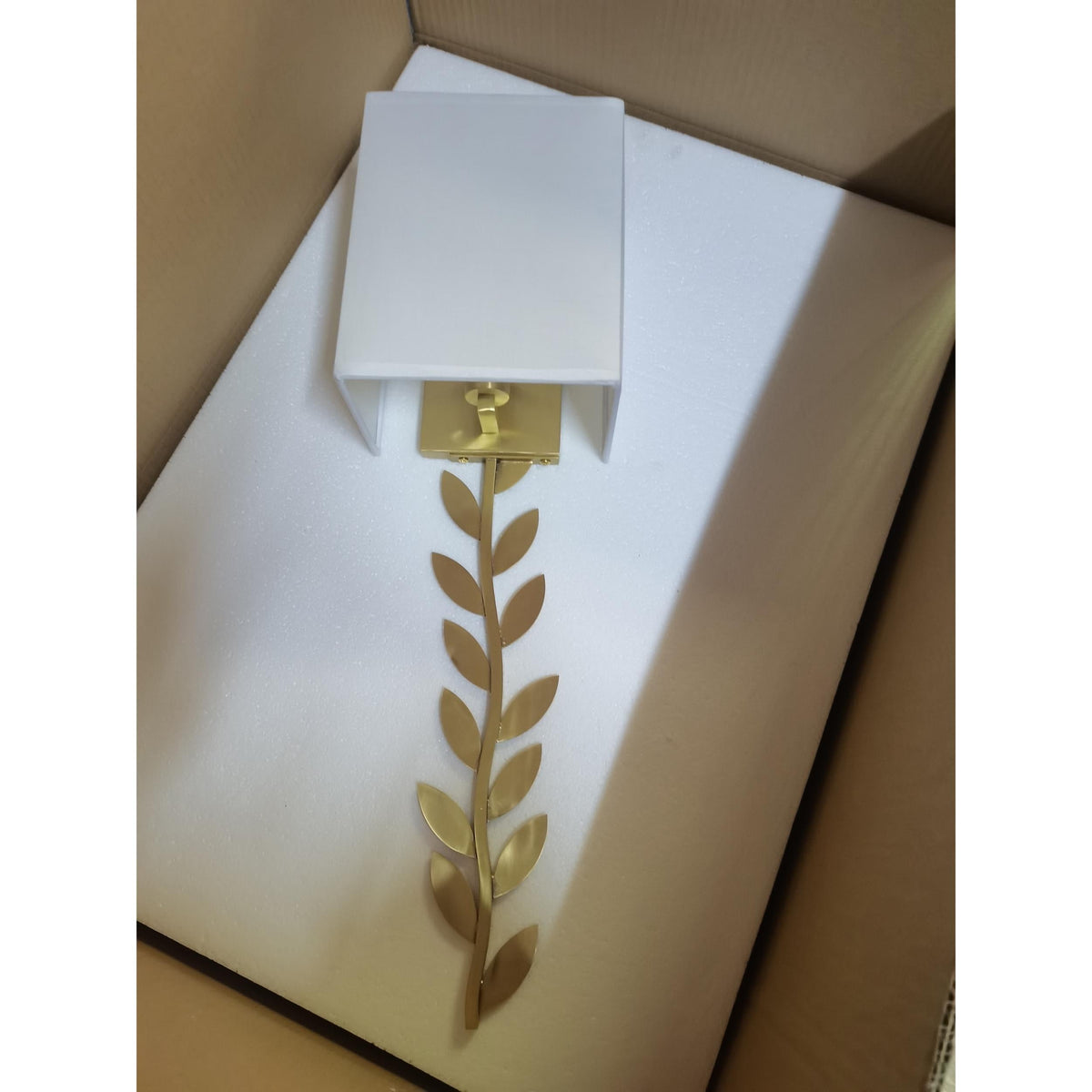 Arbor Grove Wall Lamp – Warm Brass Leaf & White Linen Wall Sconce