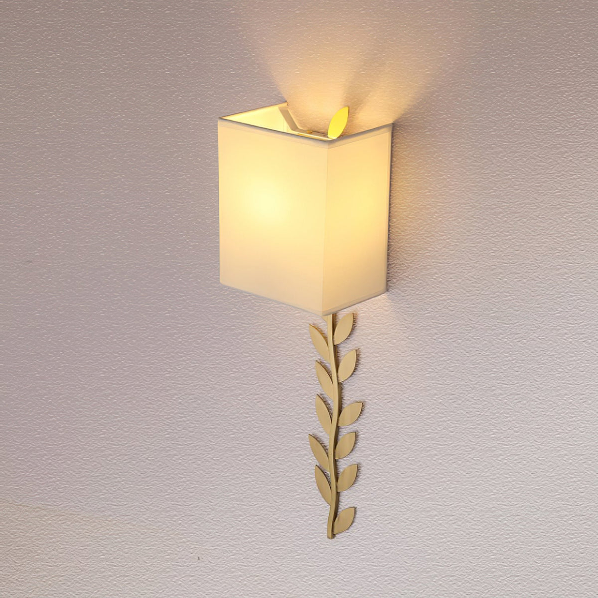 Arbor Grove Wall Lamp – Warm Brass Leaf & White Linen Wall Sconce