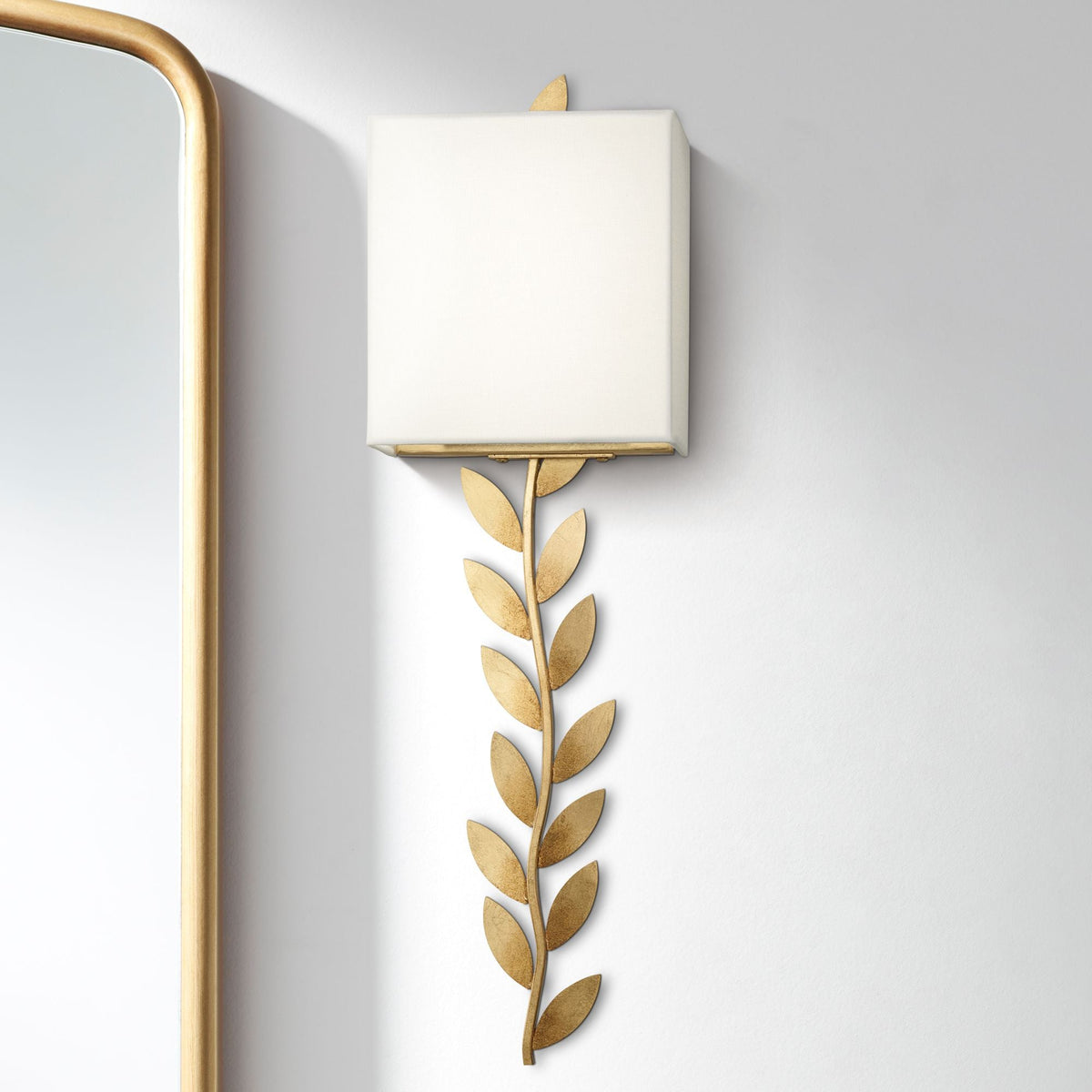 Arbor Grove Wall Lamp – Warm Brass Leaf & White Linen Wall Sconce