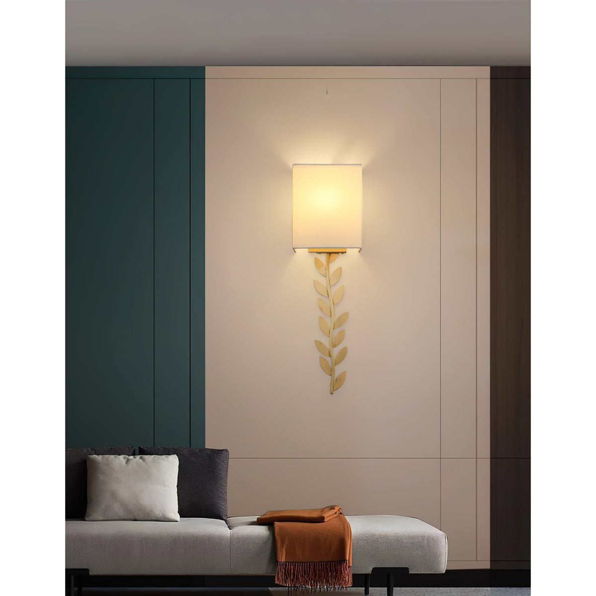 Arbor Grove Wall Lamp – Warm Brass Leaf & White Linen Wall Sconce