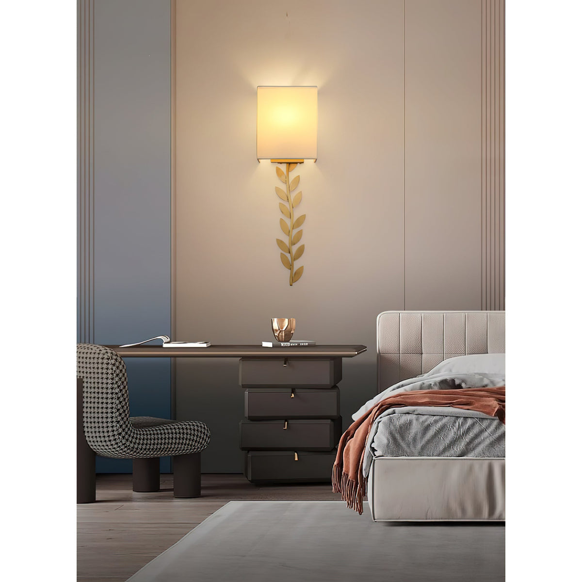 Arbor Grove Wall Lamp – Warm Brass Leaf & White Linen Wall Sconce