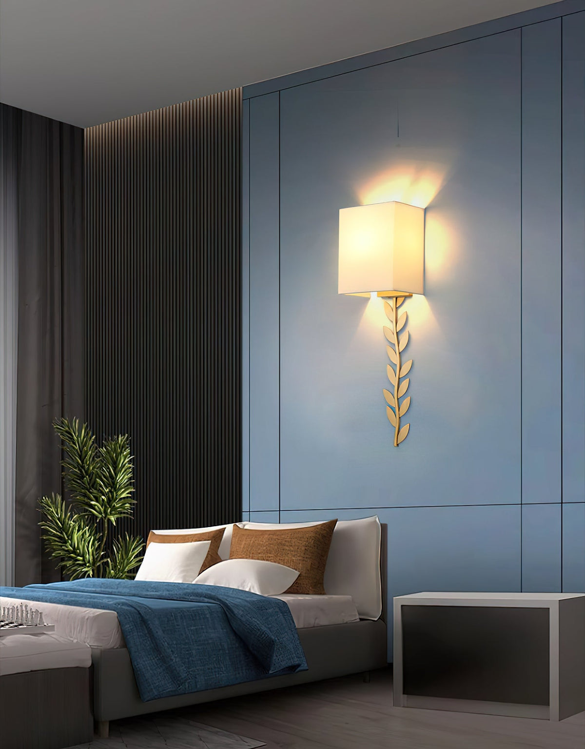 Arbor Grove Wall Lamp – Warm Brass Leaf & White Linen Wall Sconce