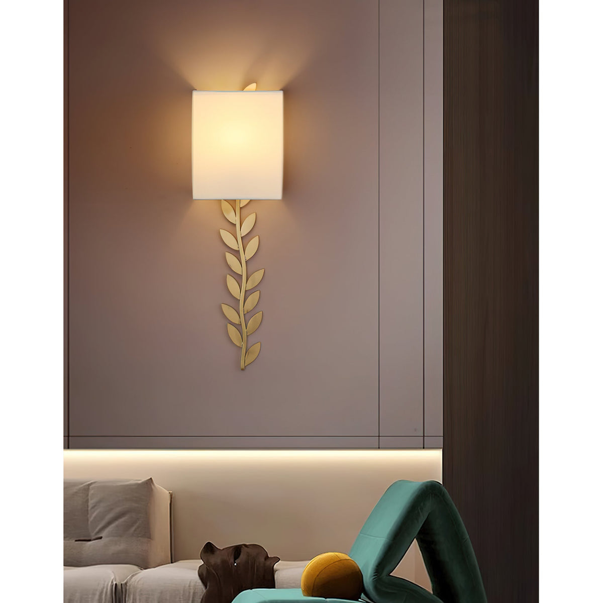 Arbor Grove Wall Lamp – Warm Brass Leaf & White Linen Wall Sconce