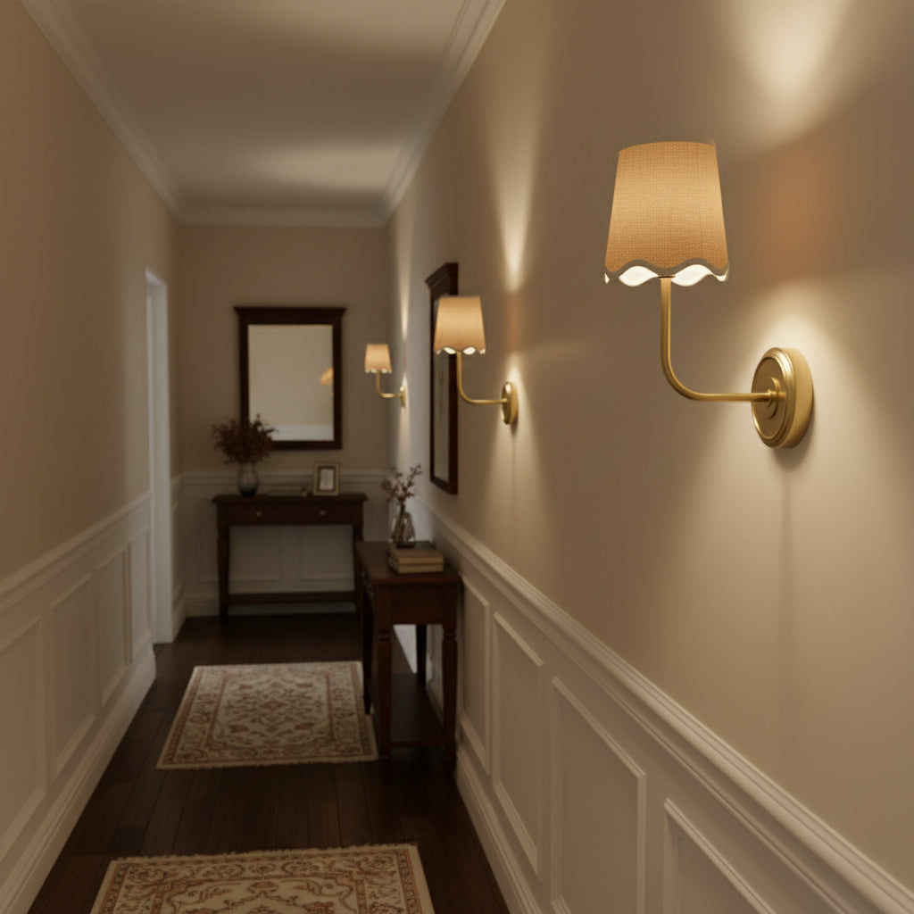 Ariel Wall Lamp | Luxury Woven Shade & Scalloped Linen Brass Sconce