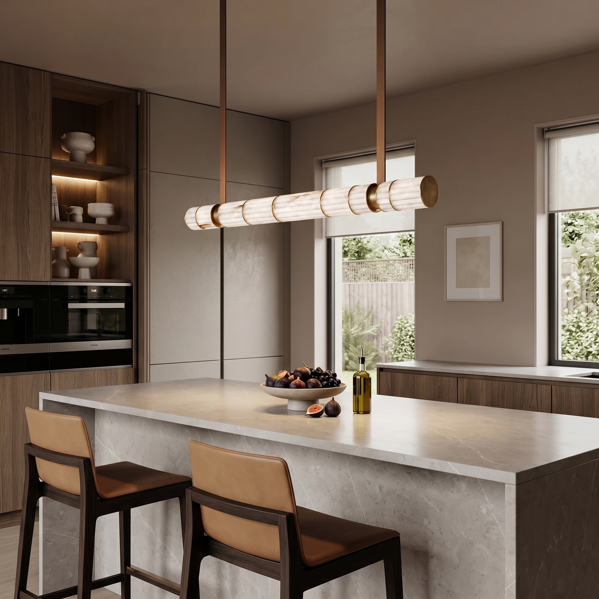 Apadana Chandelier – Italian Crafted Metal, Alabaster & Leather Linear Chandelier