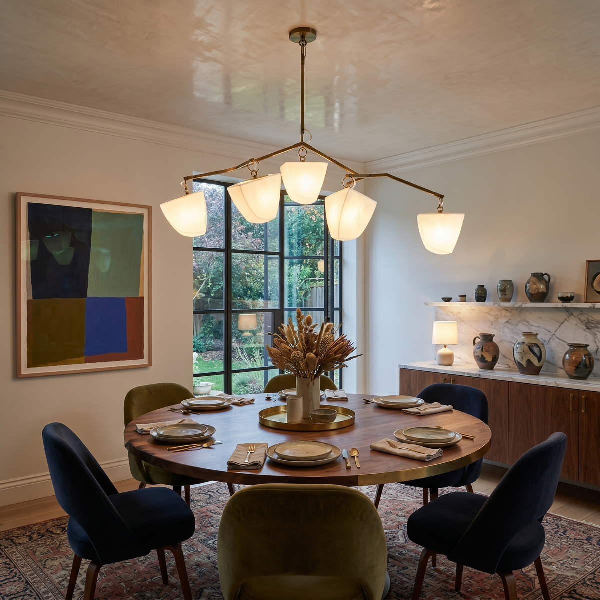Cassiopeia Mobile Chandelier – Kinetic Sculptural Brass & Porcelain Shade Pendant