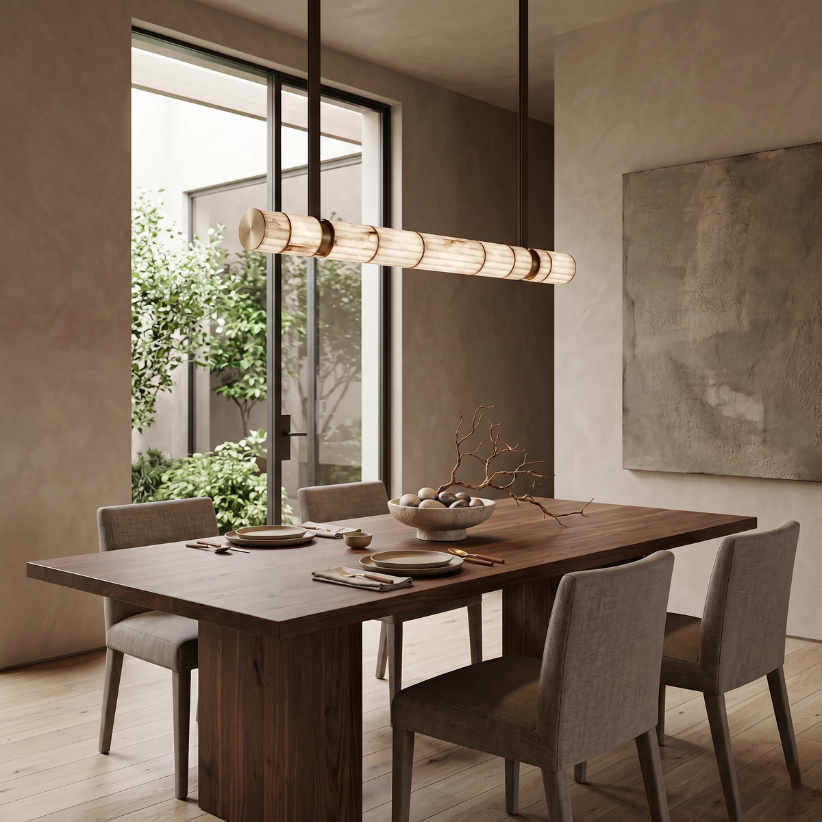 Apadana Chandelier – Italian Crafted Metal, Alabaster & Leather Linear Chandelier