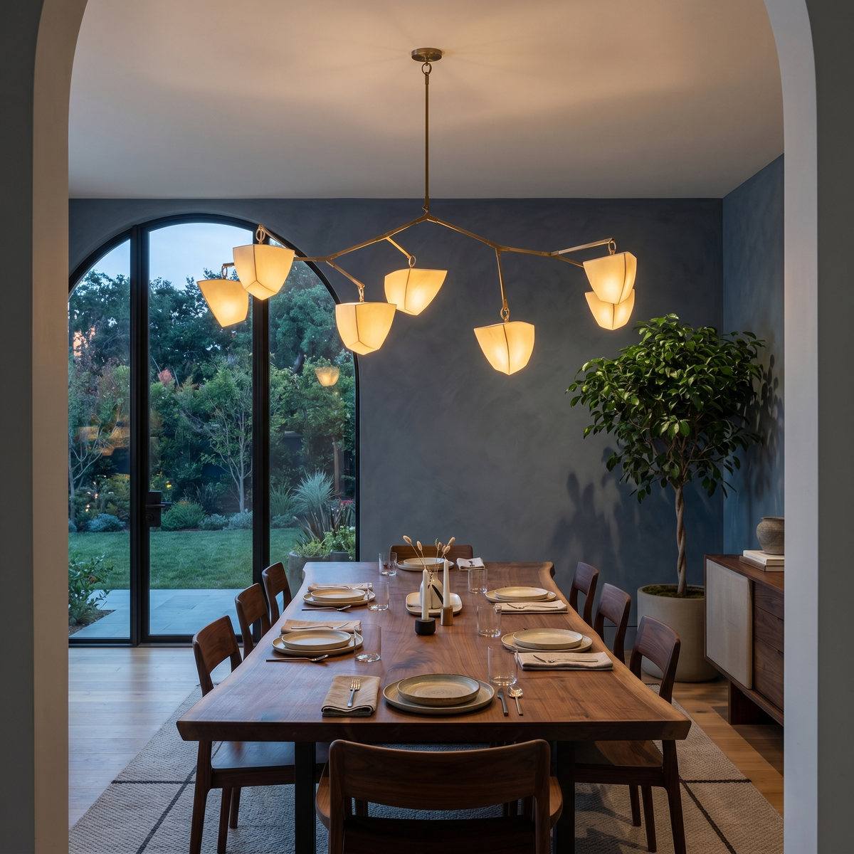 Cassiopeia Mobile Chandelier – Kinetic Sculptural Brass & Porcelain Shade Pendant