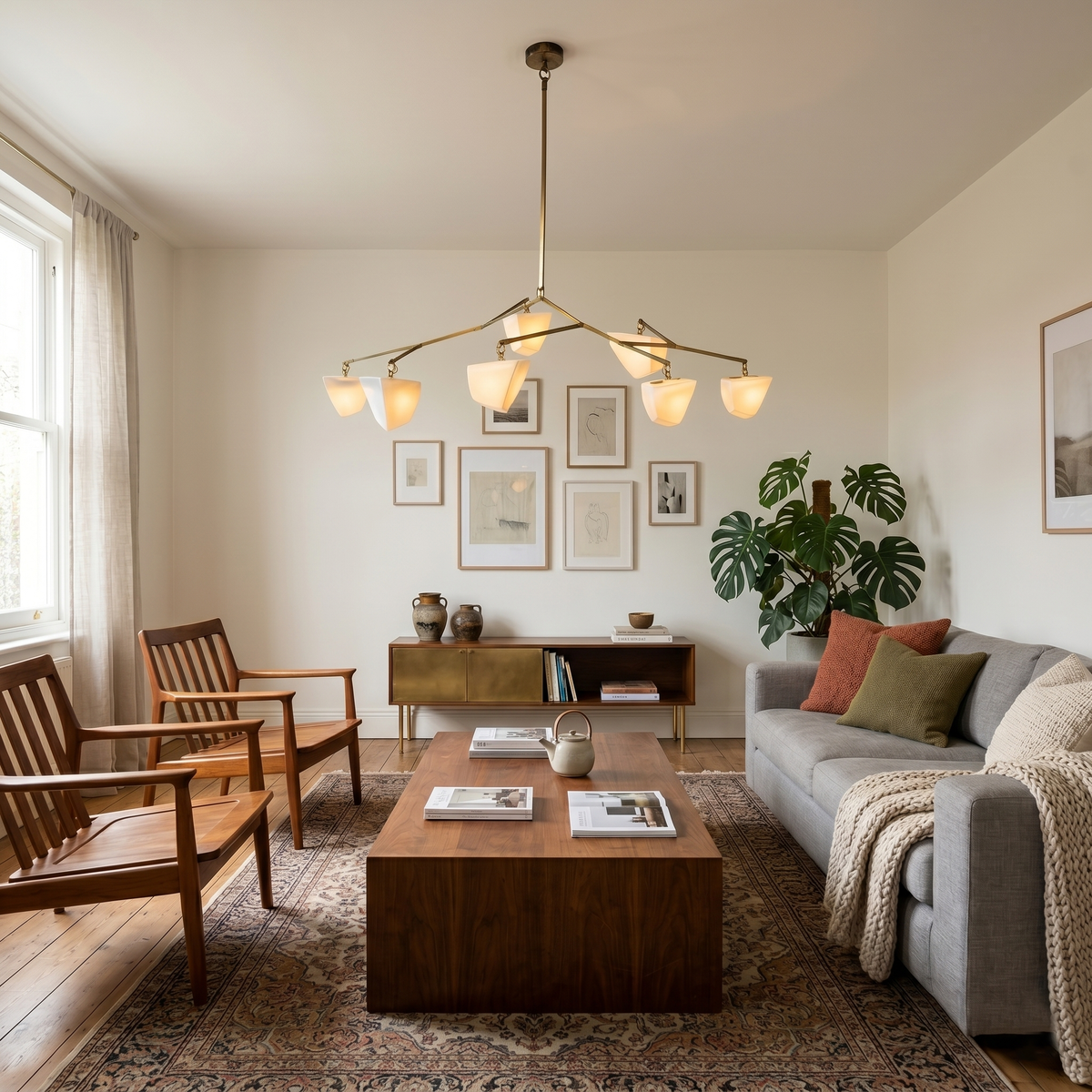 Cassiopeia Mobile Chandelier – Kinetic Sculptural Brass & Porcelain Shade Pendant