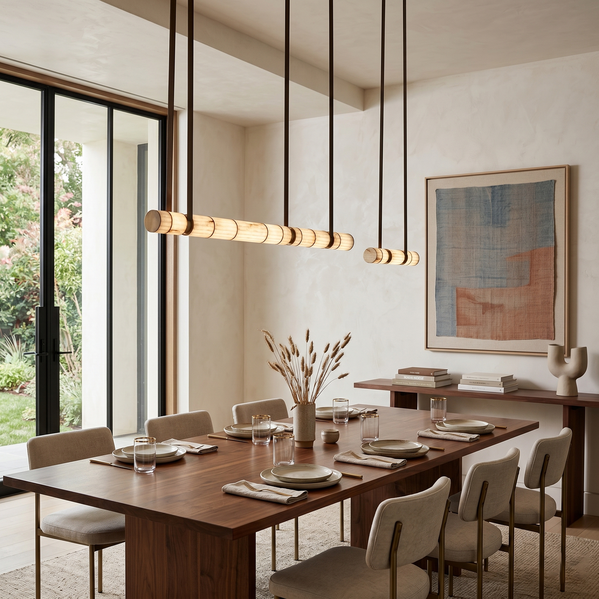 Apadana Chandelier – Italian Crafted Metal, Alabaster & Leather Linear Chandelier