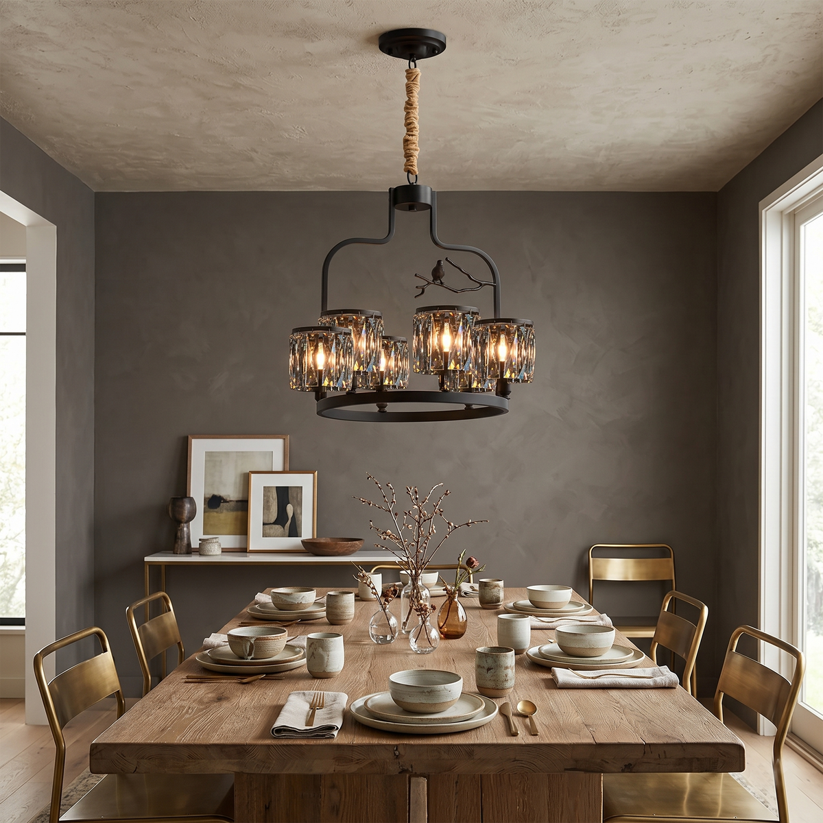 Crystal Bird Chandelier – Sculptural Brass & Carved Crystal Bird Pendant Light