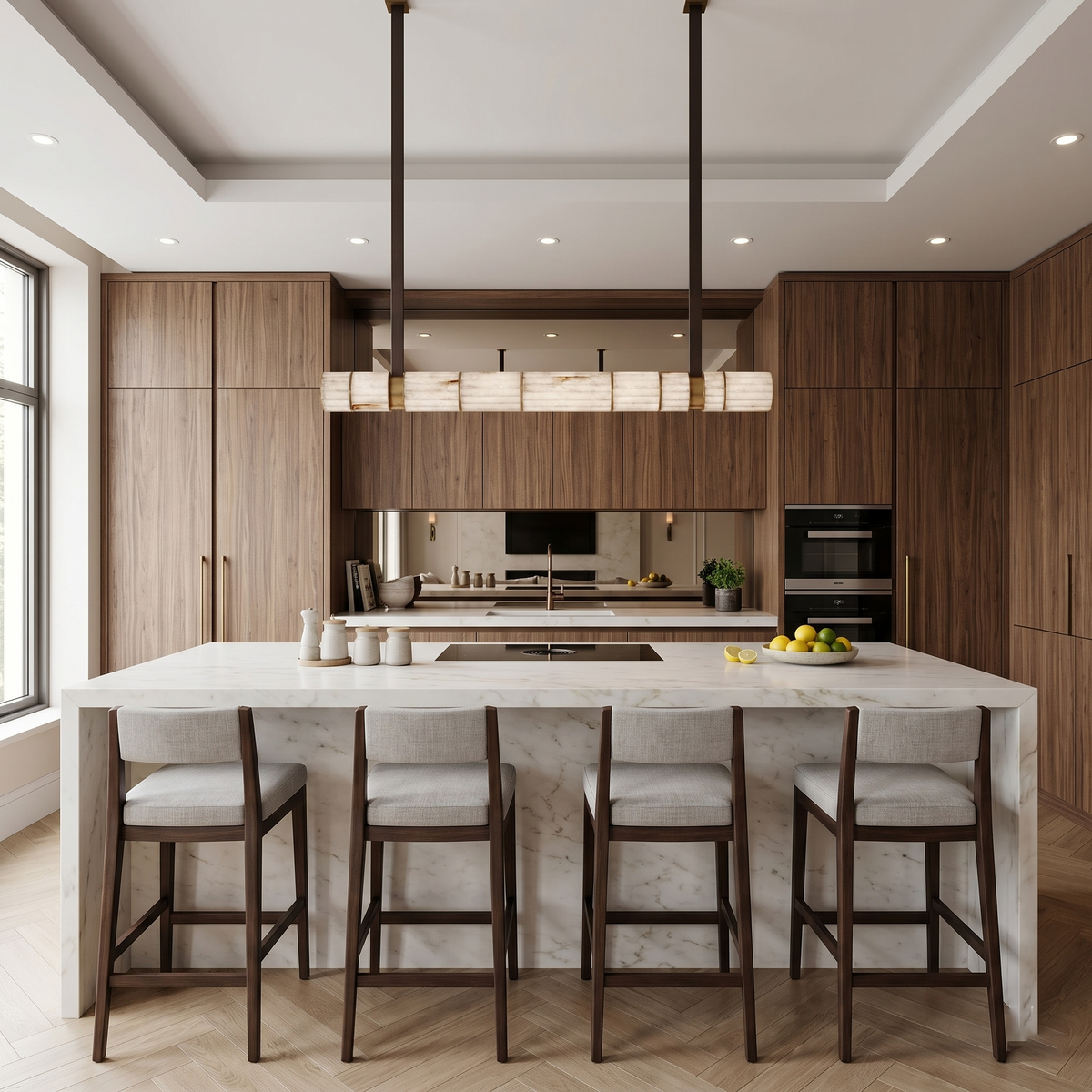 Apadana Chandelier – Italian Crafted Metal, Alabaster & Leather Linear Chandelier