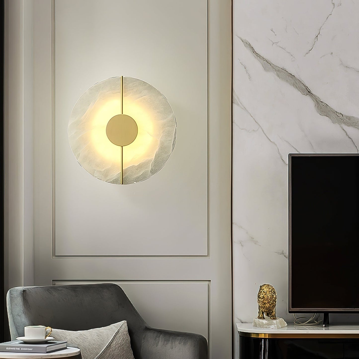Artistic Alabaster Wall Lamp | Luxury 17-Inch Slim Brass & Stone Sconce