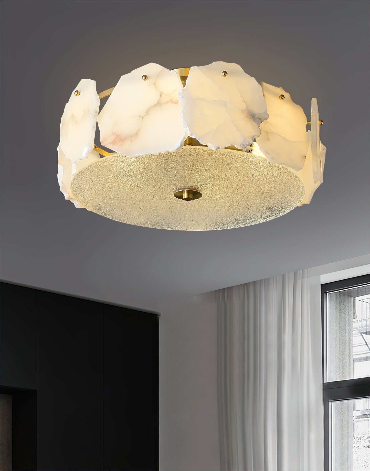 Artze Alabaster Ceiling Light | Modern Minimalist Brass & Natural Stone Flush Mount