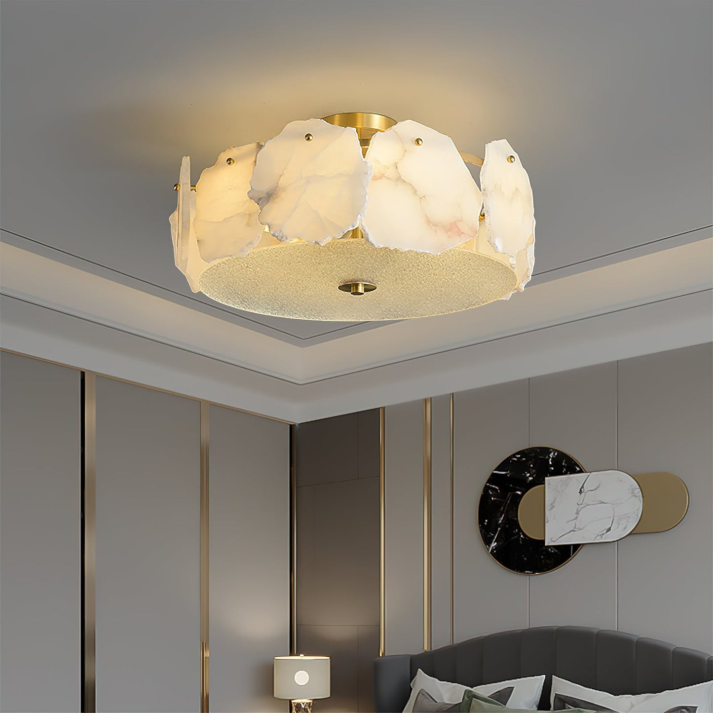 Artze Alabaster Ceiling Light | Modern Minimalist Brass & Natural Stone Flush Mount