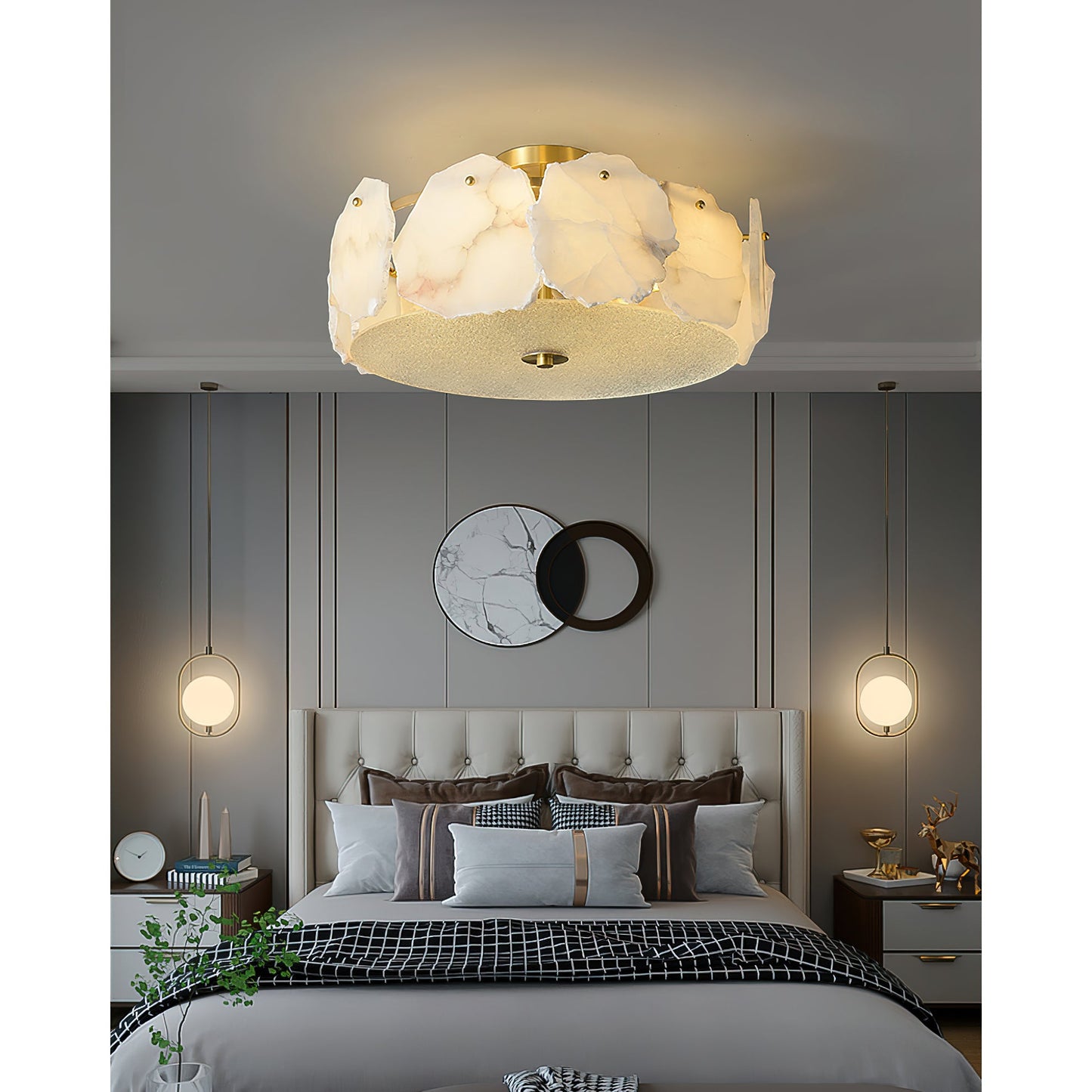 Artze Alabaster Ceiling Light | Modern Minimalist Brass & Natural Stone Flush Mount