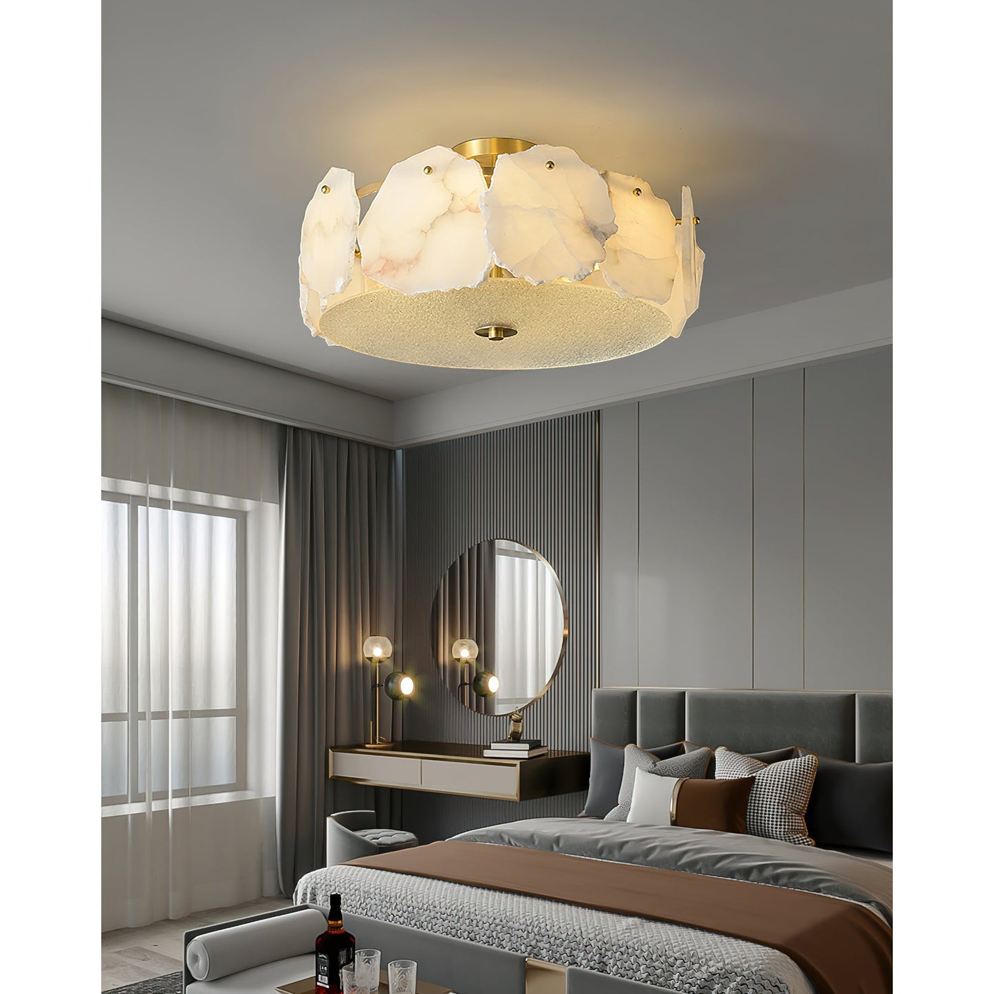 Artze Alabaster Ceiling Light | Modern Minimalist Brass & Natural Stone Flush Mount