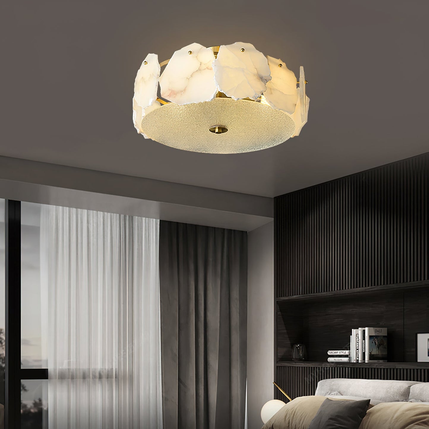 Artze Alabaster Ceiling Light | Modern Minimalist Brass & Natural Stone Flush Mount