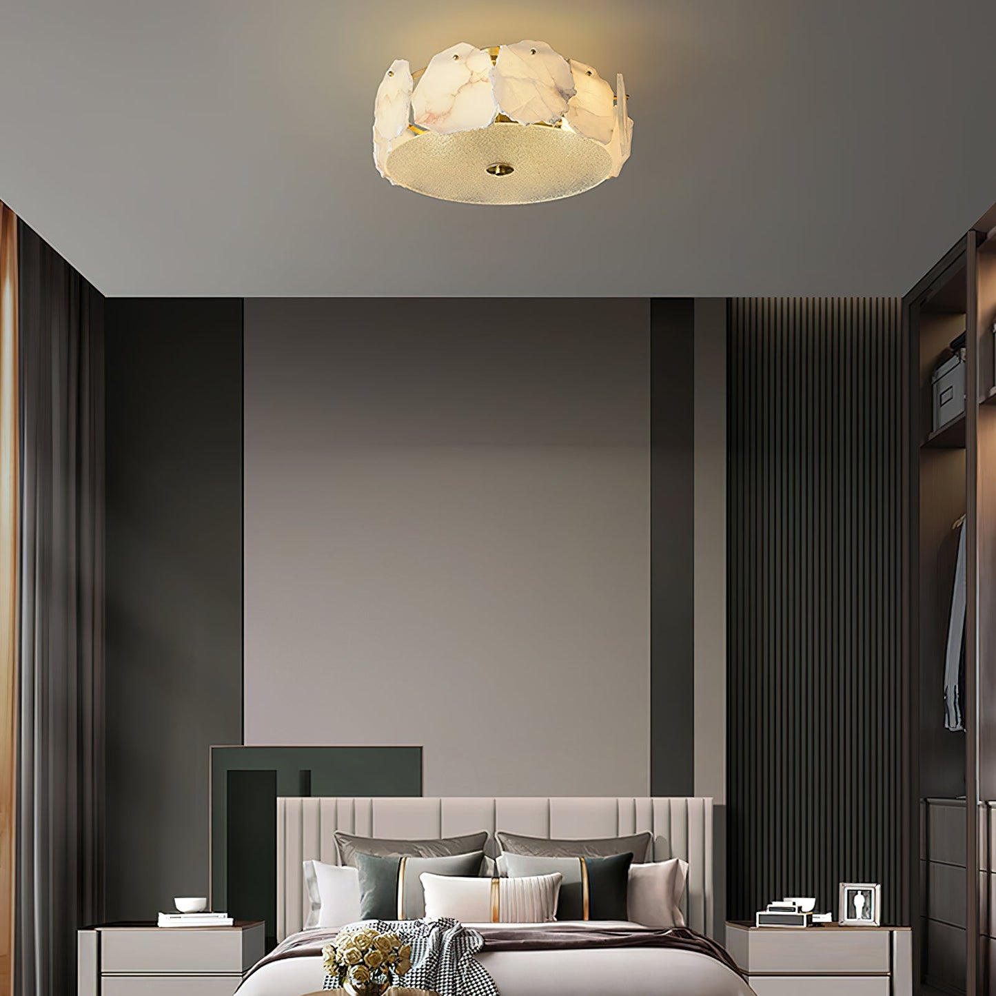 Artze Alabaster Ceiling Light | Modern Minimalist Brass & Natural Stone Flush Mount