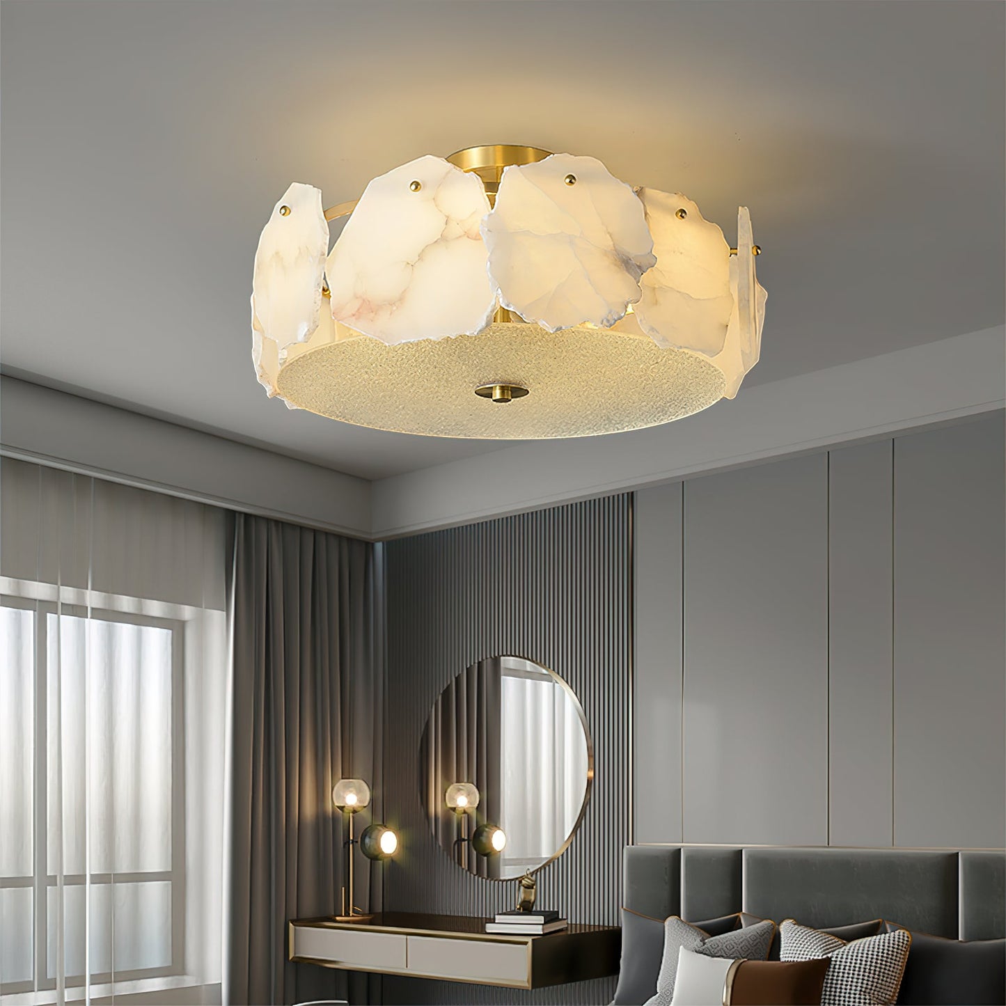 Artze Alabaster Ceiling Light | Modern Minimalist Brass & Natural Stone Flush Mount