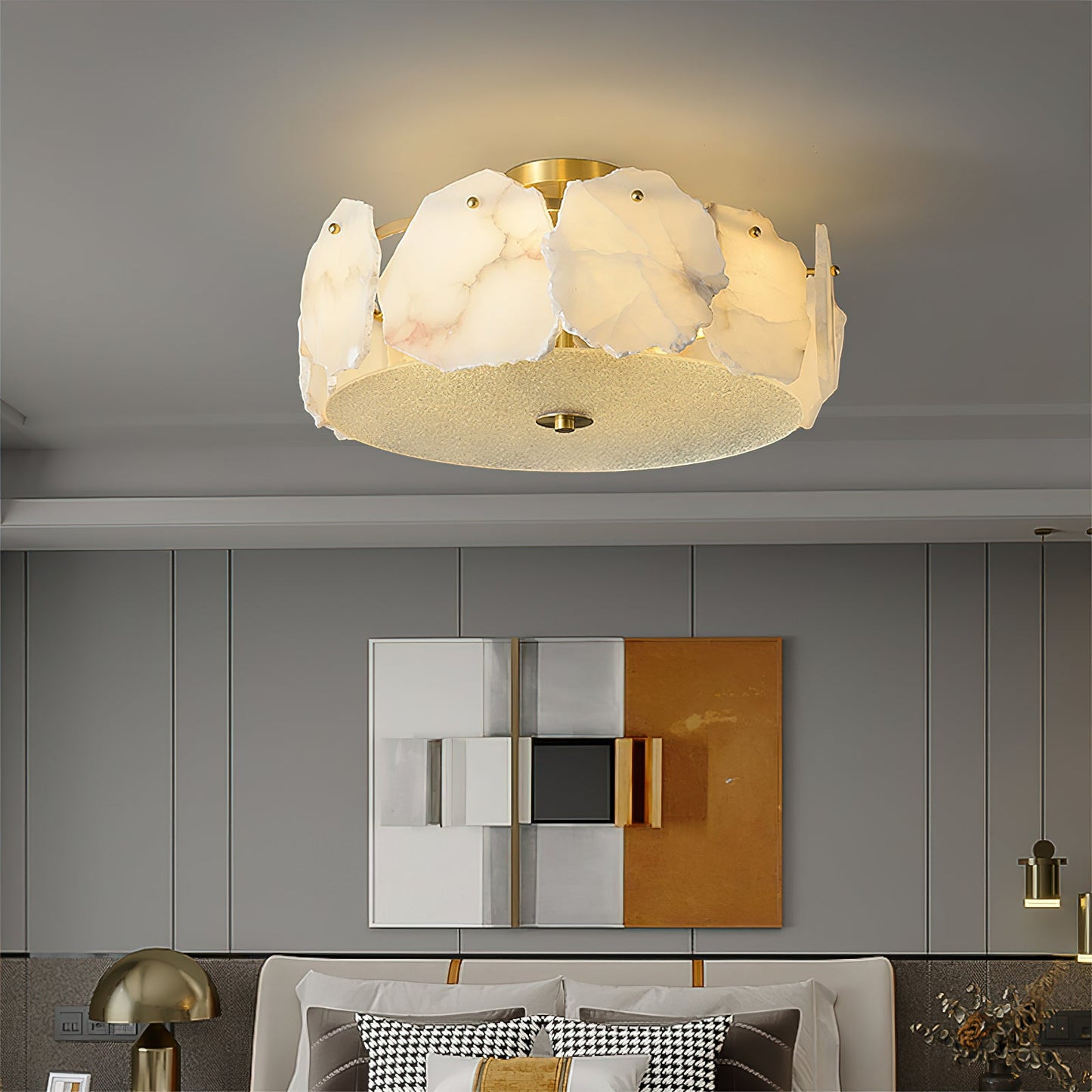 Artze Alabaster Ceiling Light | Modern Minimalist Brass & Natural Stone Flush Mount