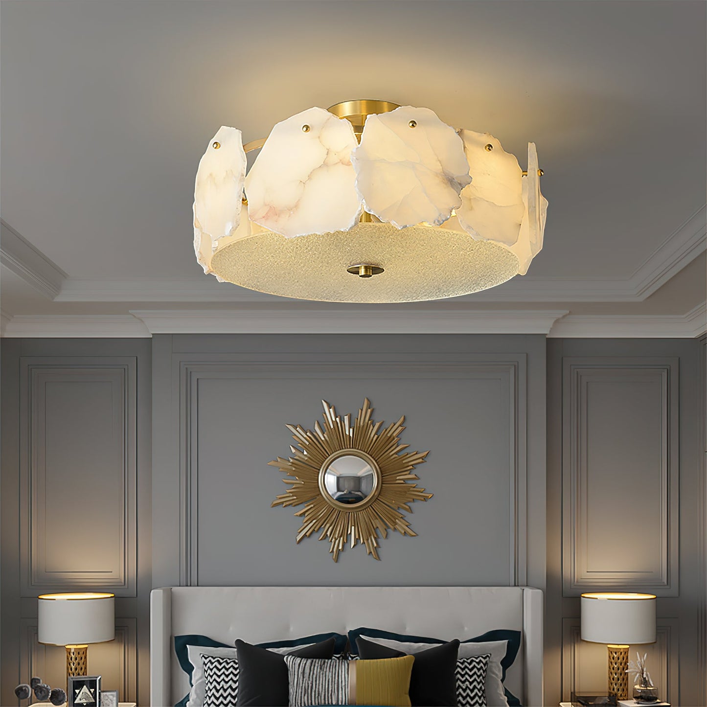 Artze Alabaster Ceiling Light | Modern Minimalist Brass & Natural Stone Flush Mount