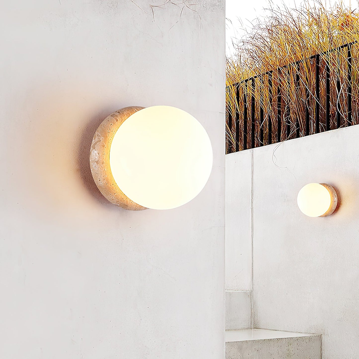 Asteroid Wall Lamp | Luxury 6-Inch Cubic Beige Travertine & Glass Sconce