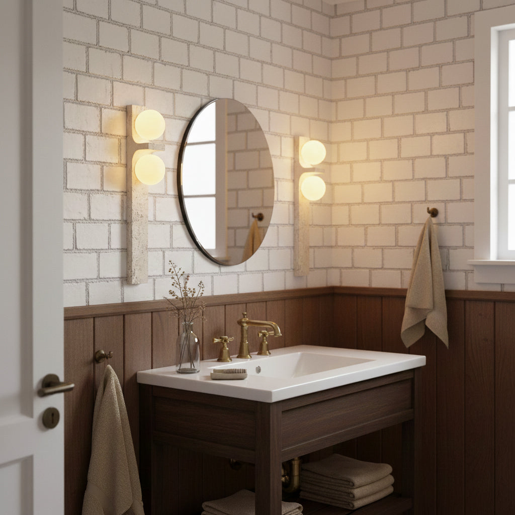 Asymmetrical Travertine Wall Sconce | Luxury 20-Inch Natural Stone & Glass Light