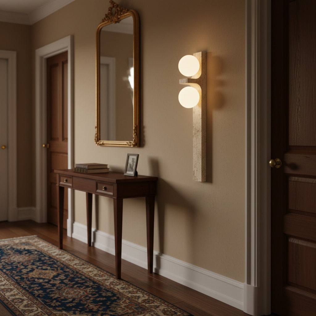 Asymmetrical Travertine Wall Sconce | Luxury 20-Inch Natural Stone & Glass Light