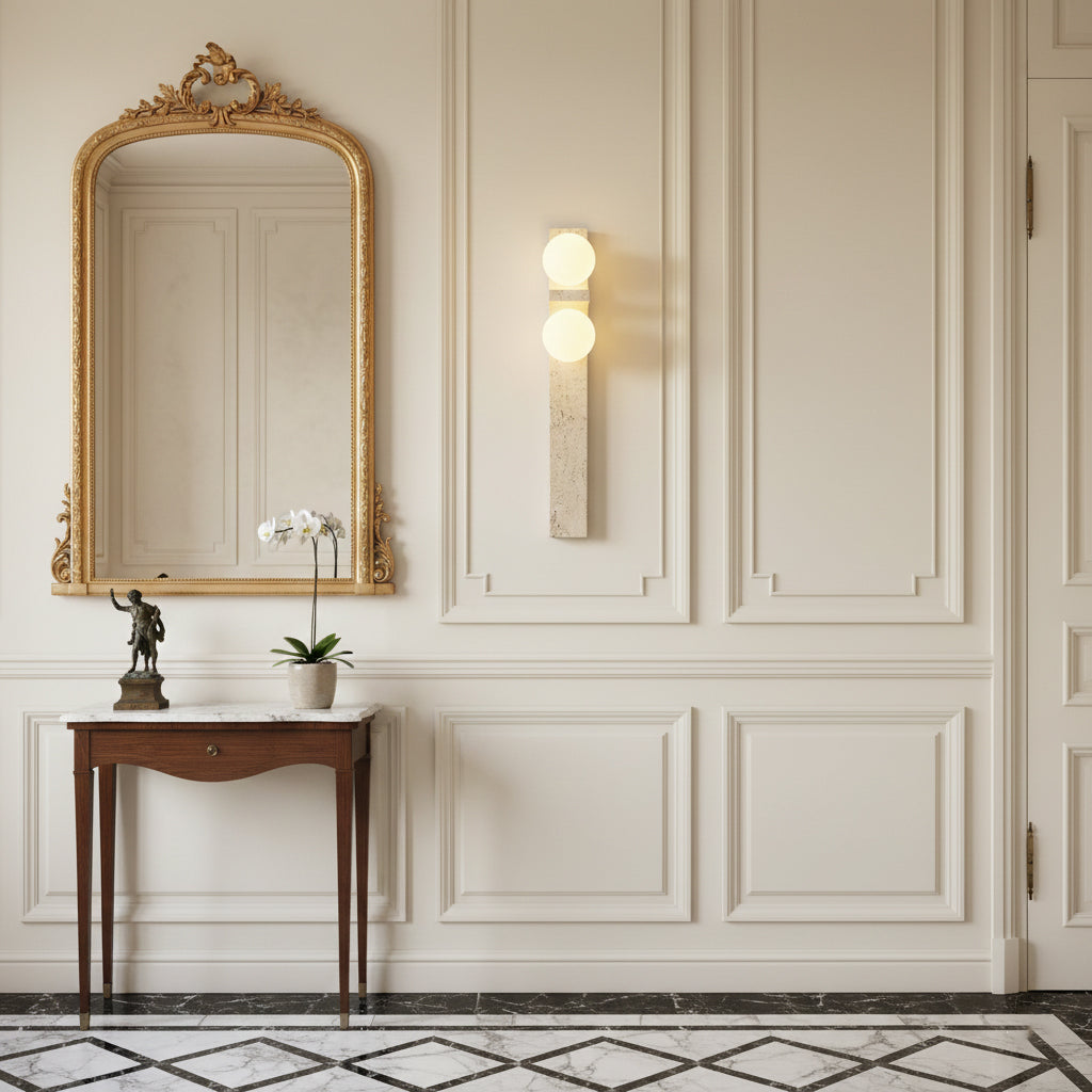 Asymmetrical Travertine Wall Sconce | Luxury 20-Inch Natural Stone & Glass Light