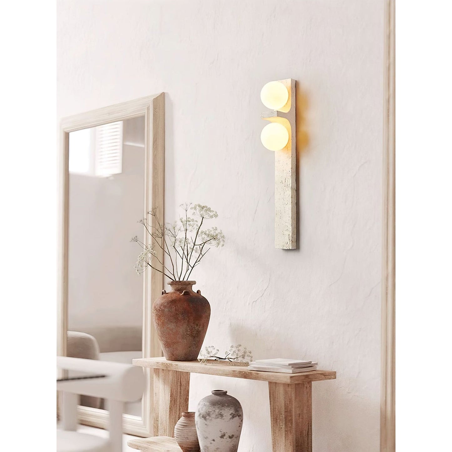 Asymmetrical Travertine Wall Sconce | Luxury 20-Inch Natural Stone & Glass Light