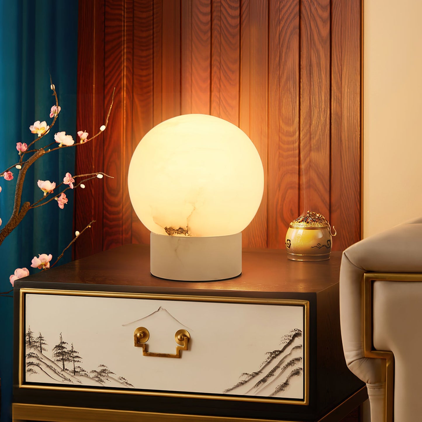 Athena Alabaster Table Lamp | Luxury Natural Stone Sphere & Cylinder Light