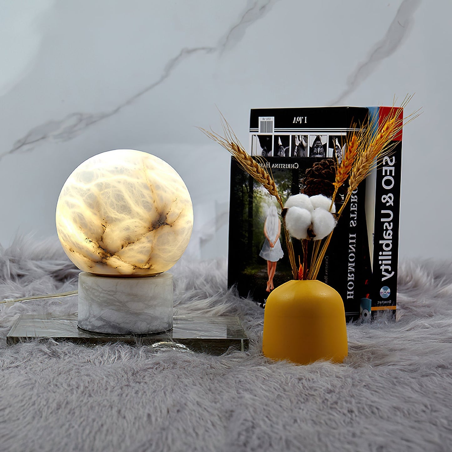 Athena Alabaster Table Lamp | Luxury Natural Stone Sphere & Cylinder Light