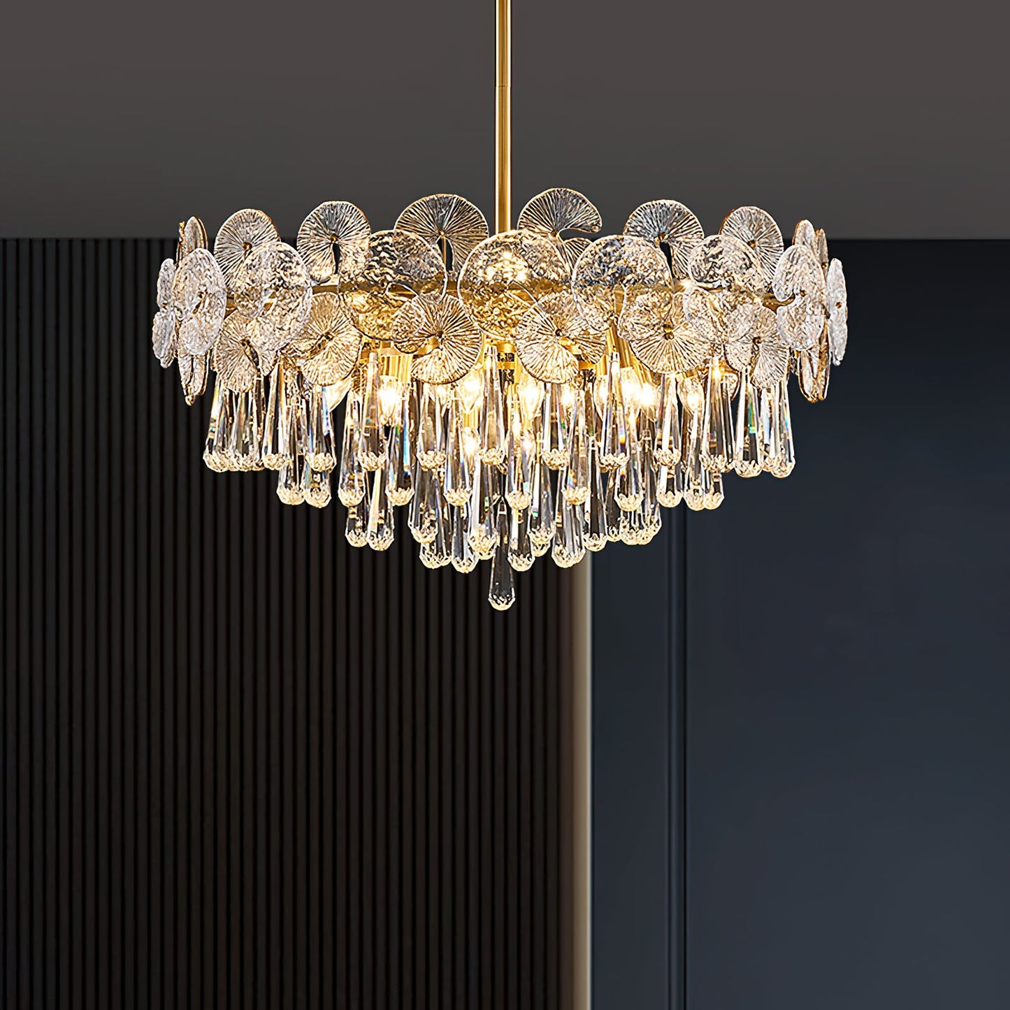 Atlas Crystal Chandelier | Modern Brass Ring & Sparkling Crystal Pendant
