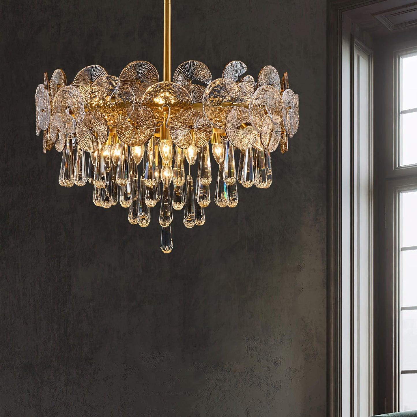 Atlas Crystal Chandelier | Modern Brass Ring & Sparkling Crystal Pendant