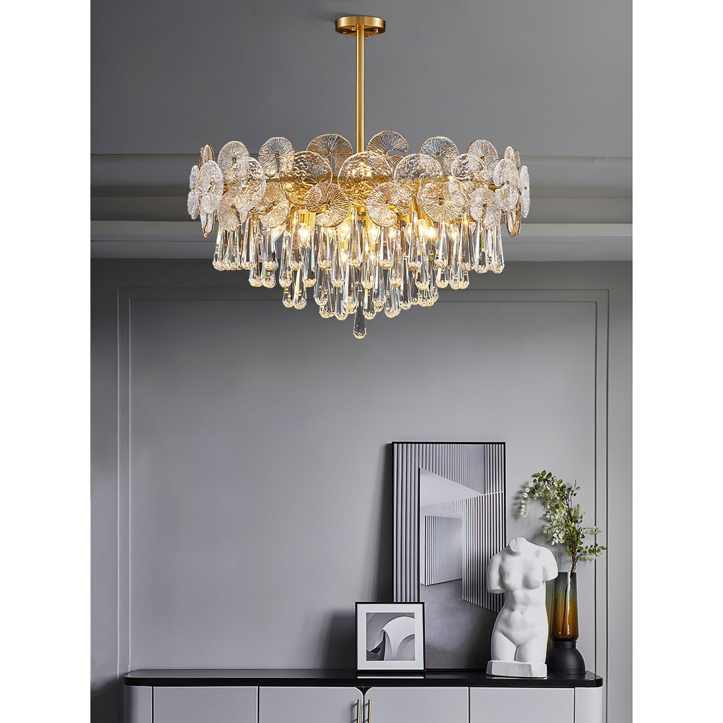 Atlas Crystal Chandelier | Modern Brass Ring & Sparkling Crystal Pendant