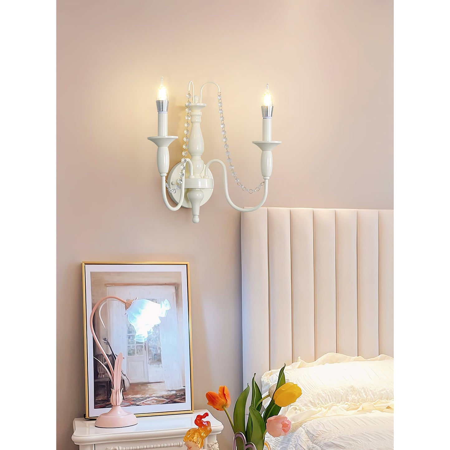 Aubervilliers Candle Wall Lamp | French Country Cream & Crystal Sconce