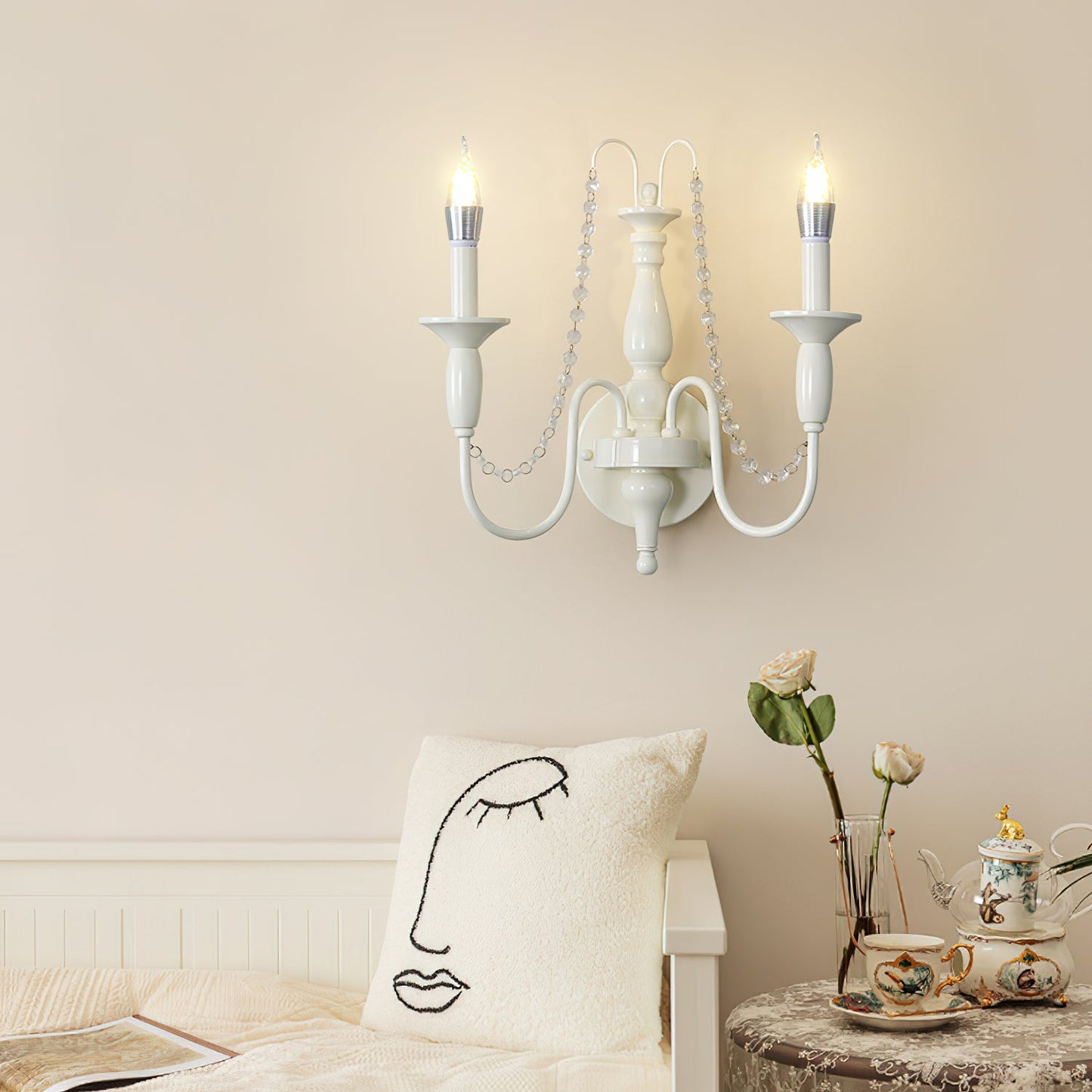 Aubervilliers Candle Wall Lamp | French Country Cream & Crystal Sconce