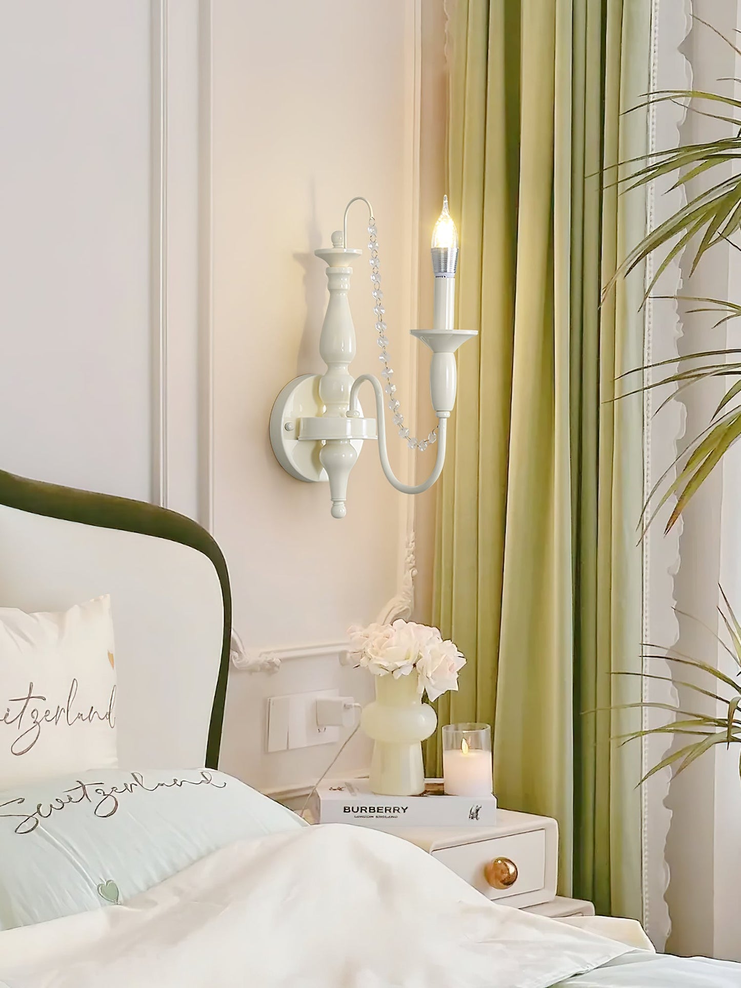 Aubervilliers Candle Wall Lamp | French Country Cream & Crystal Sconce