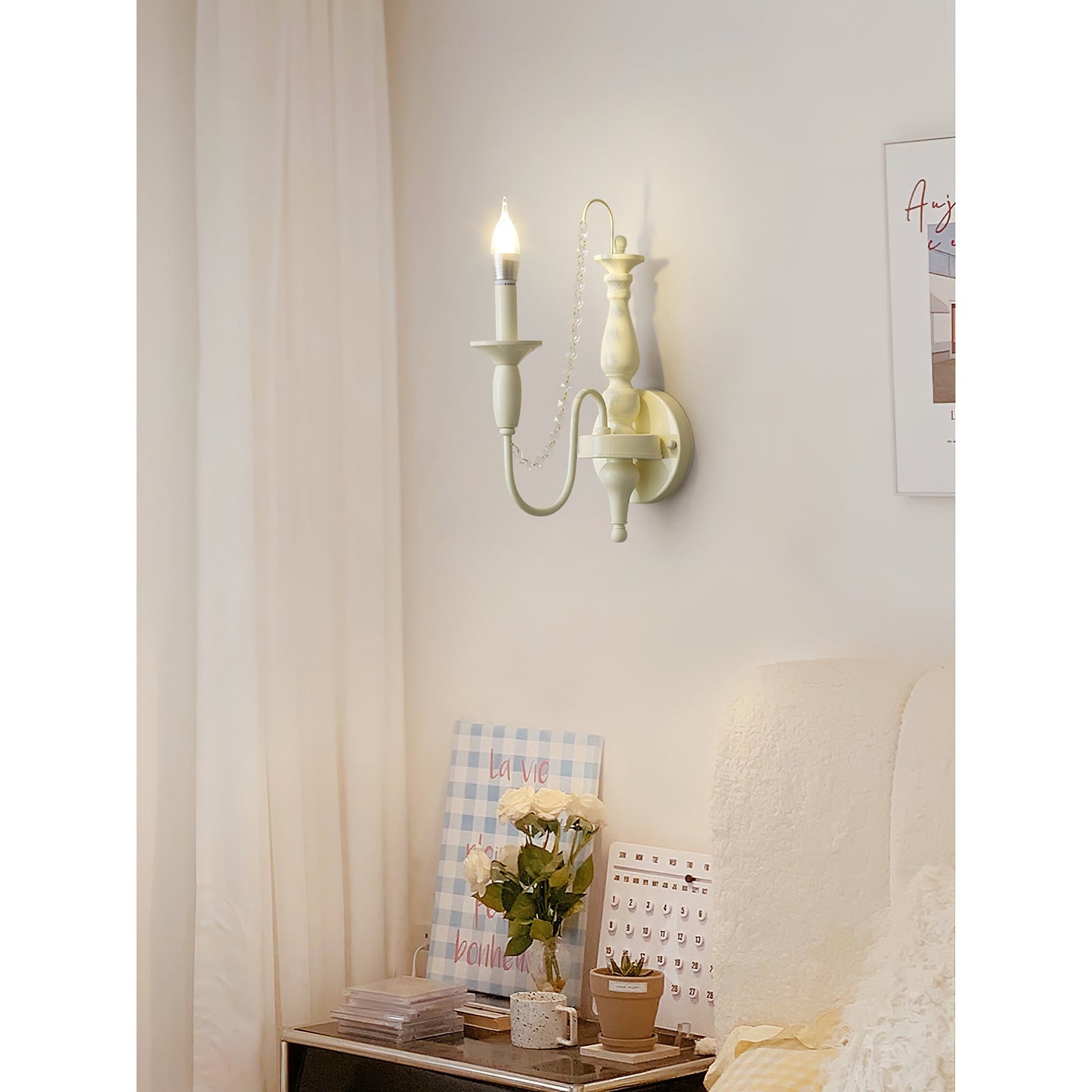 Aubervilliers Candle Wall Lamp | French Country Cream & Crystal Sconce