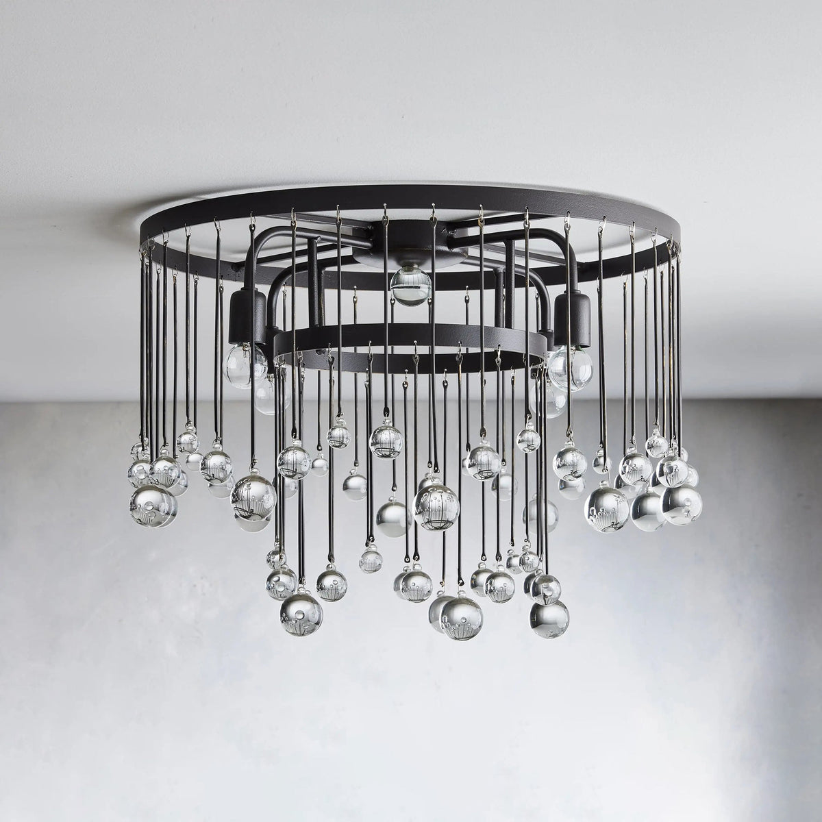 Cascade Halo Brass Droplet Flush Mount – Crystal Droplet & Brass Cage Ceiling Light