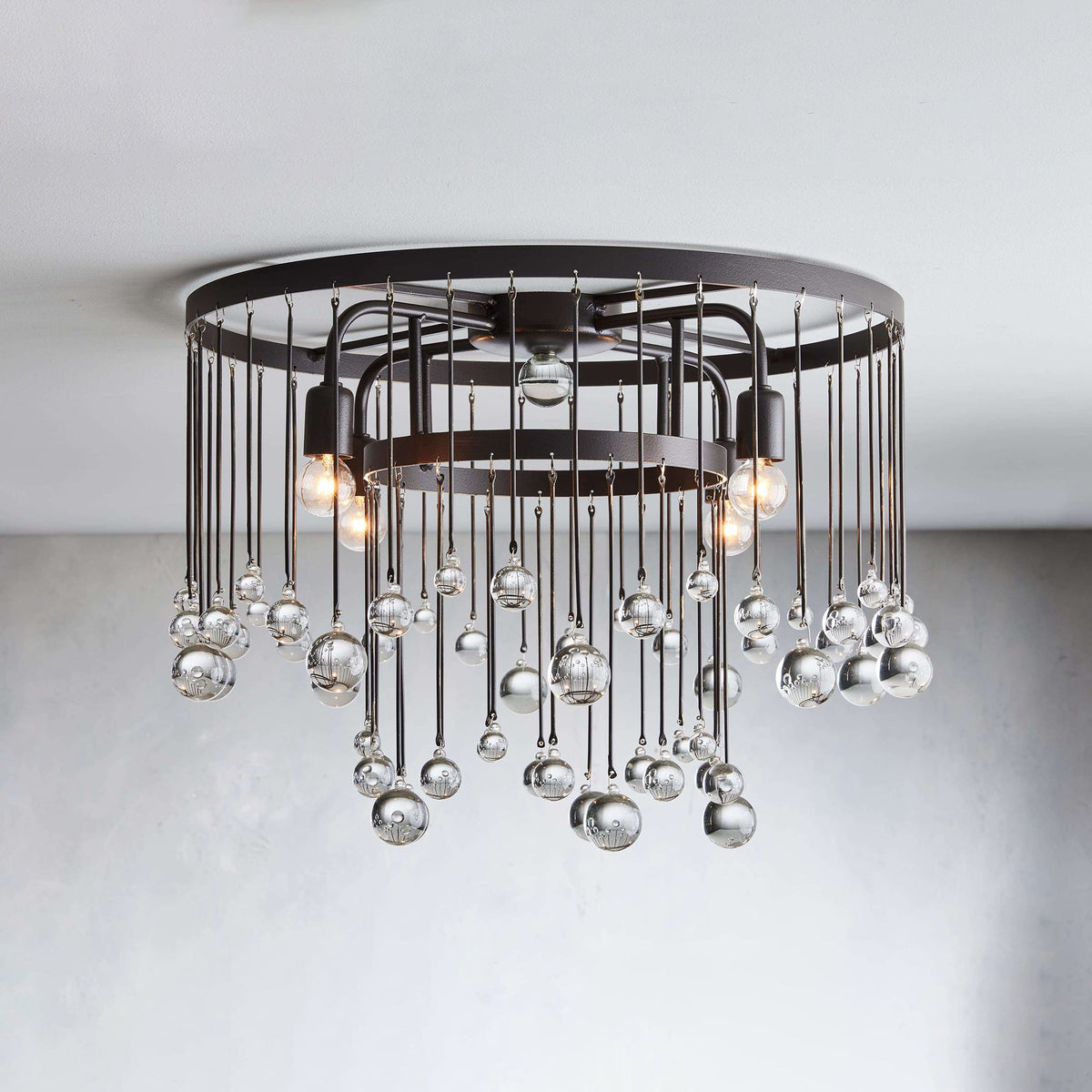 Cascade Halo Brass Droplet Flush Mount – Crystal Droplet & Brass Cage Ceiling Light