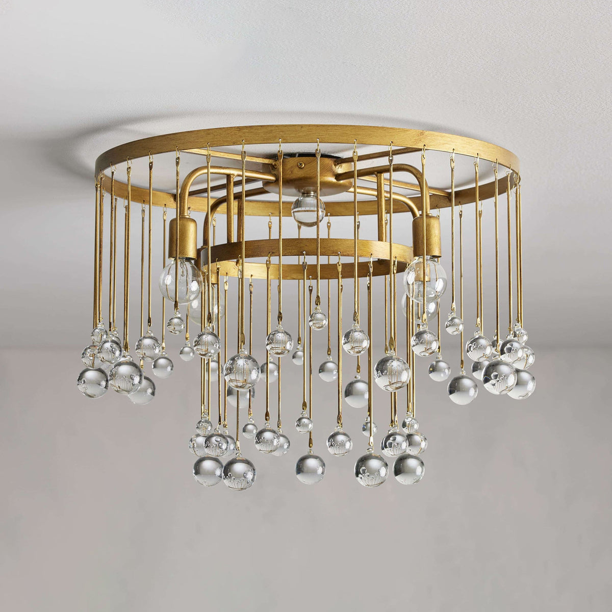 Cascade Halo Brass Droplet Flush Mount – Crystal Droplet & Brass Cage Ceiling Light
