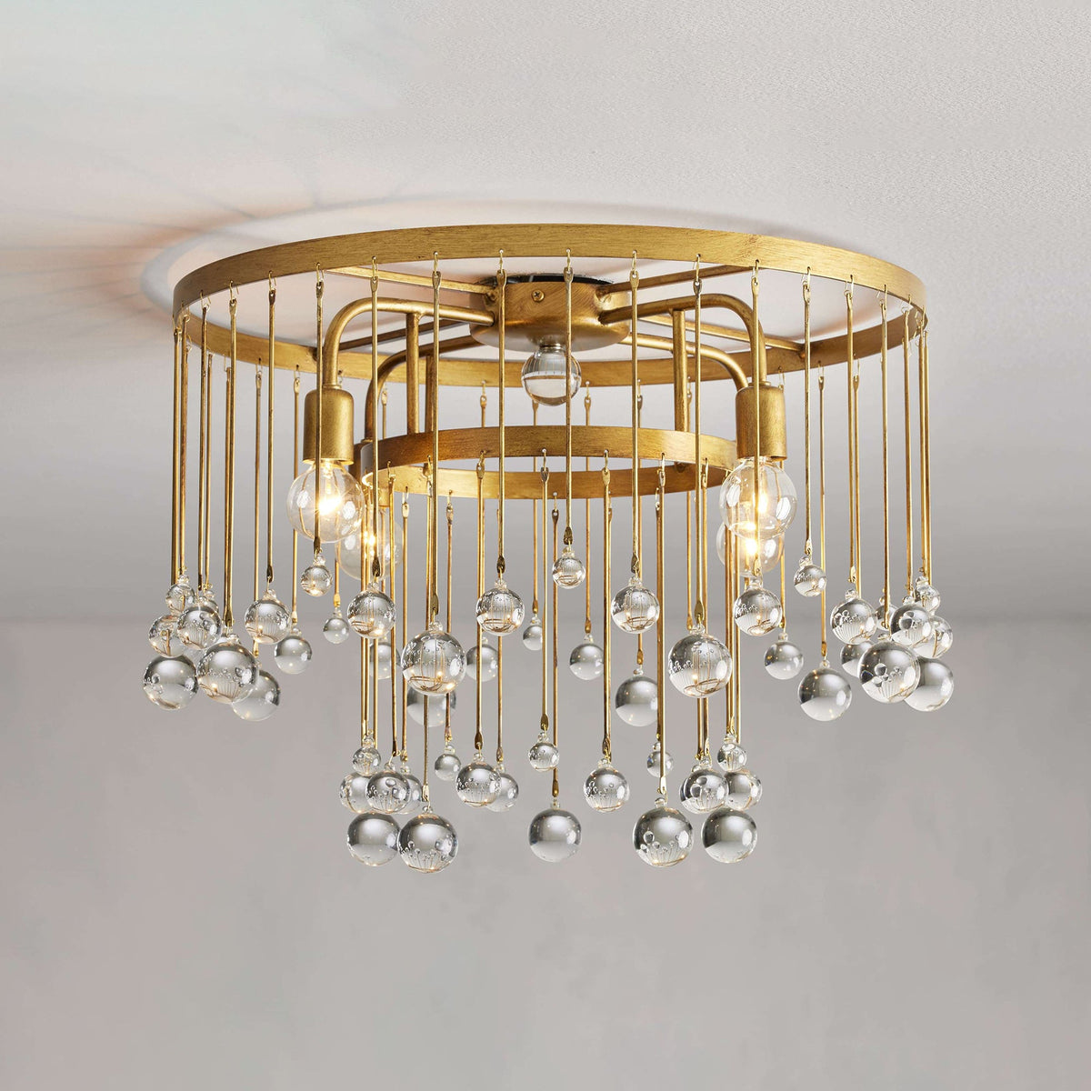 Cascade Halo Brass Droplet Flush Mount – Crystal Droplet & Brass Cage Ceiling Light