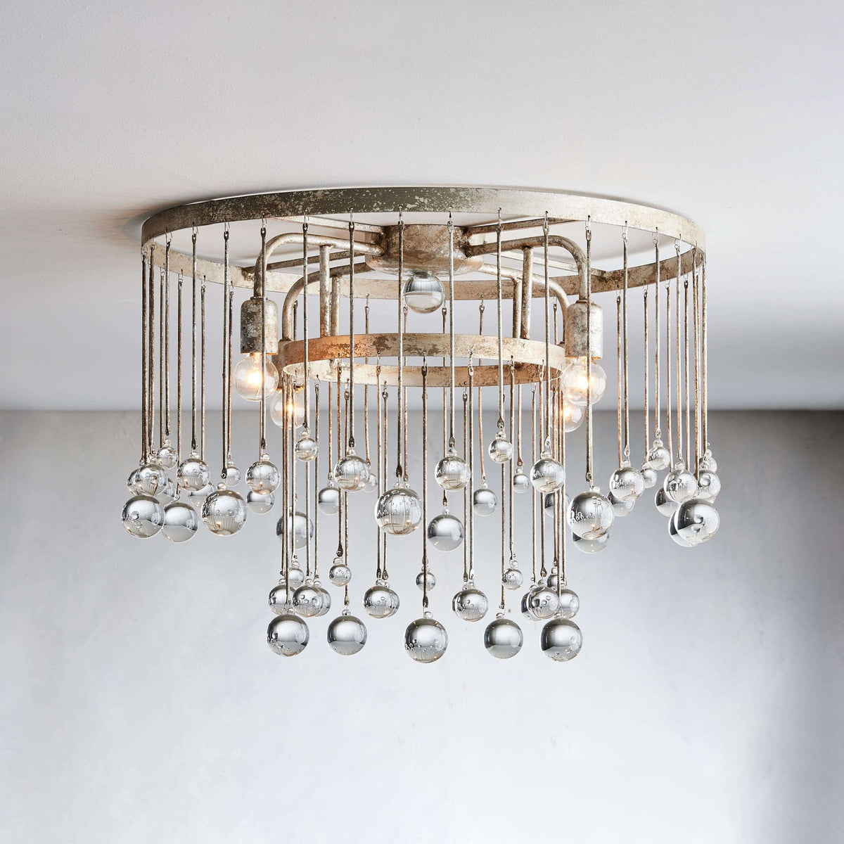 Cascade Halo Brass Droplet Flush Mount – Crystal Droplet & Brass Cage Ceiling Light