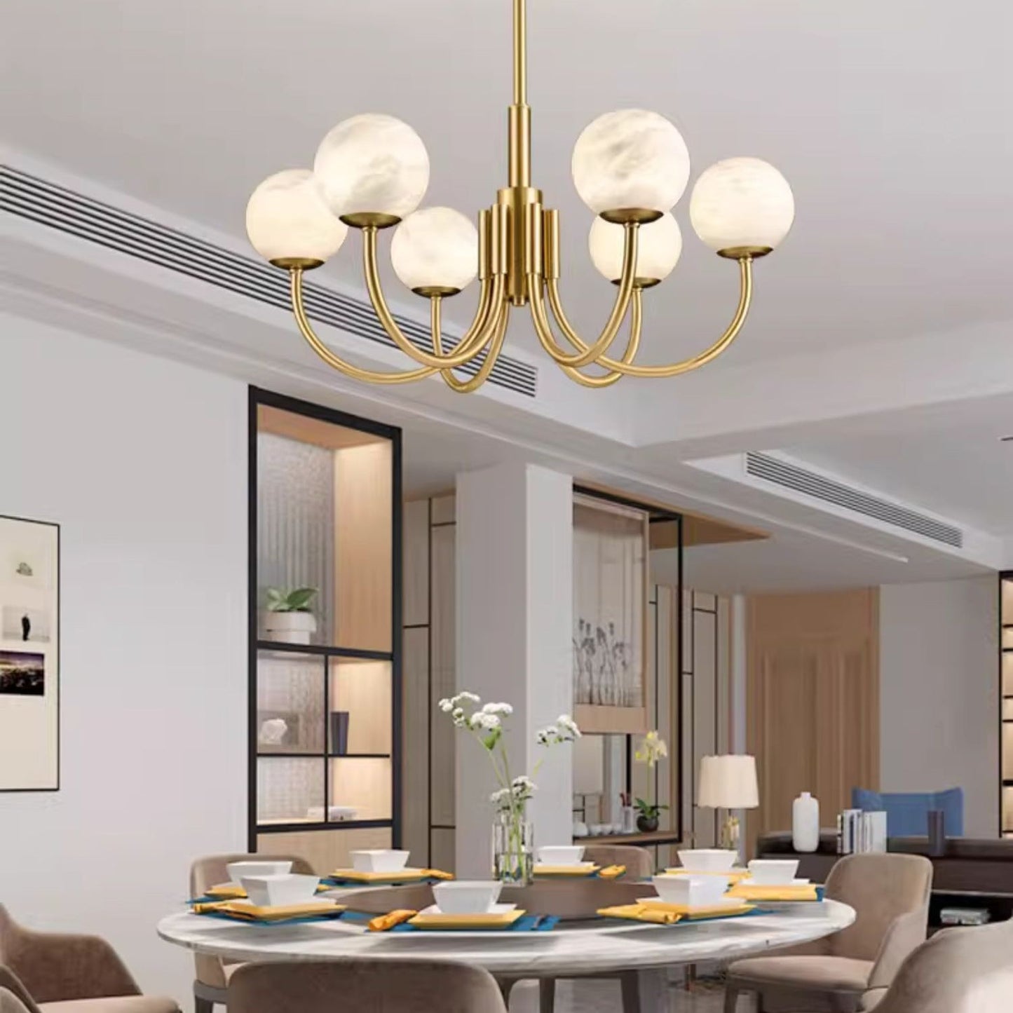 Aurelian Alabaster Globe Chandelier | Luxury Brass & Natural Stone Pendant
