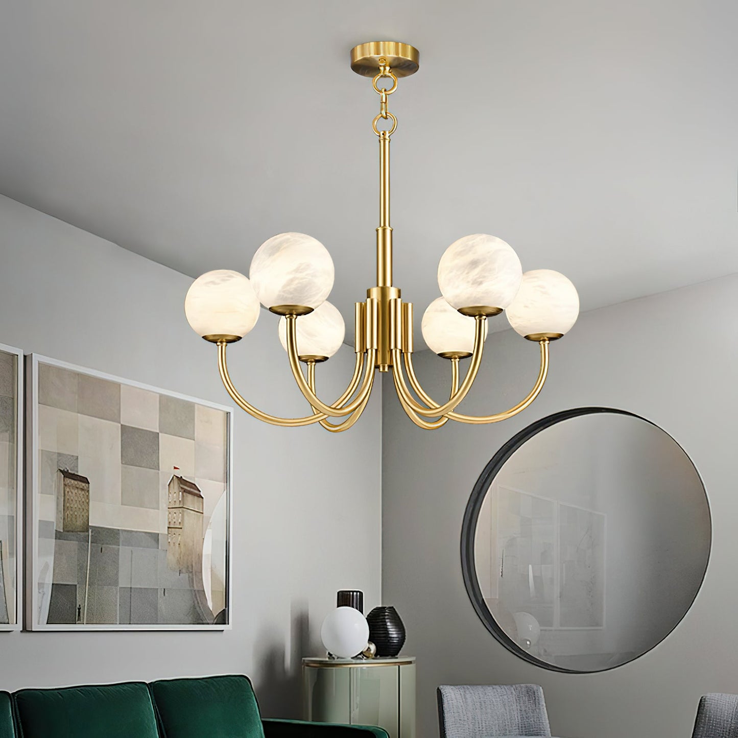 Aurelian Alabaster Globe Chandelier | Luxury Brass & Natural Stone Pendant