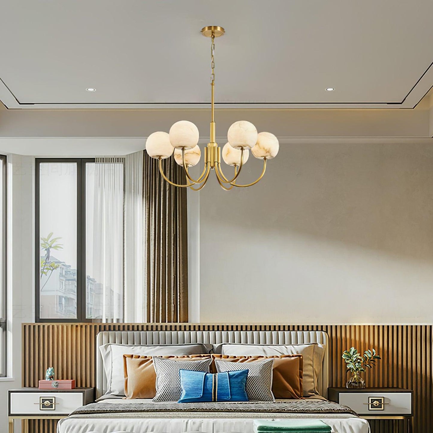 Aurelian Alabaster Globe Chandelier | Luxury Brass & Natural Stone Pendant